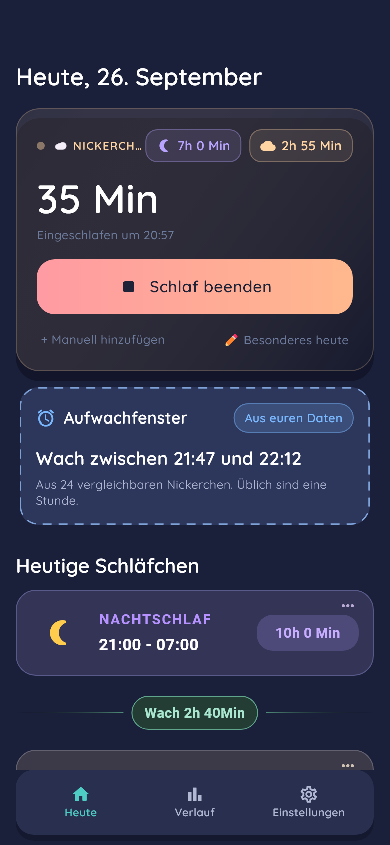 LuNoLu mit laufendem Tagschlaf, Schlaf-beenden-Knopf und geschätztem Aufwachfenster. App-Ansicht mit Beispieldaten.