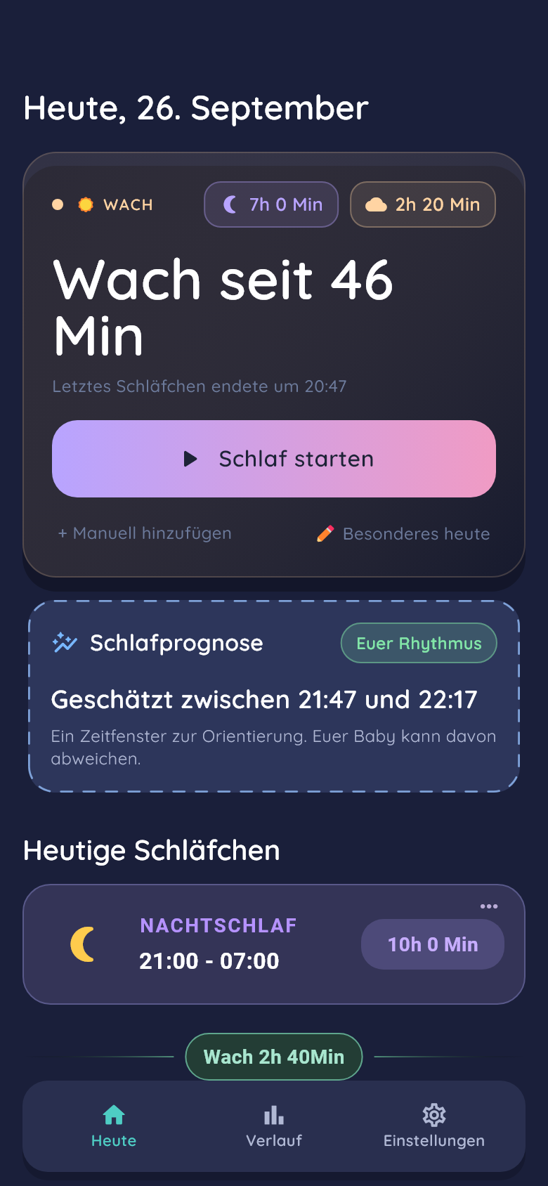 LuNoLu Heute-Ansicht mit Schlaf-starten-Knopf und persönlichem Einschlaffenster. Echte App-Ansicht mit Beispieldaten.